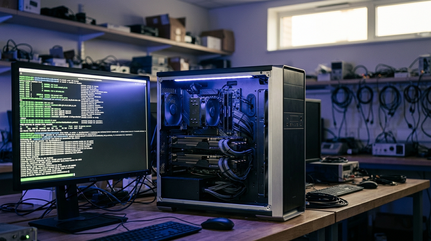 A GPU inference workstation running unattended in an otherwise empty lab, terminal text visible but unreadable, no one present
