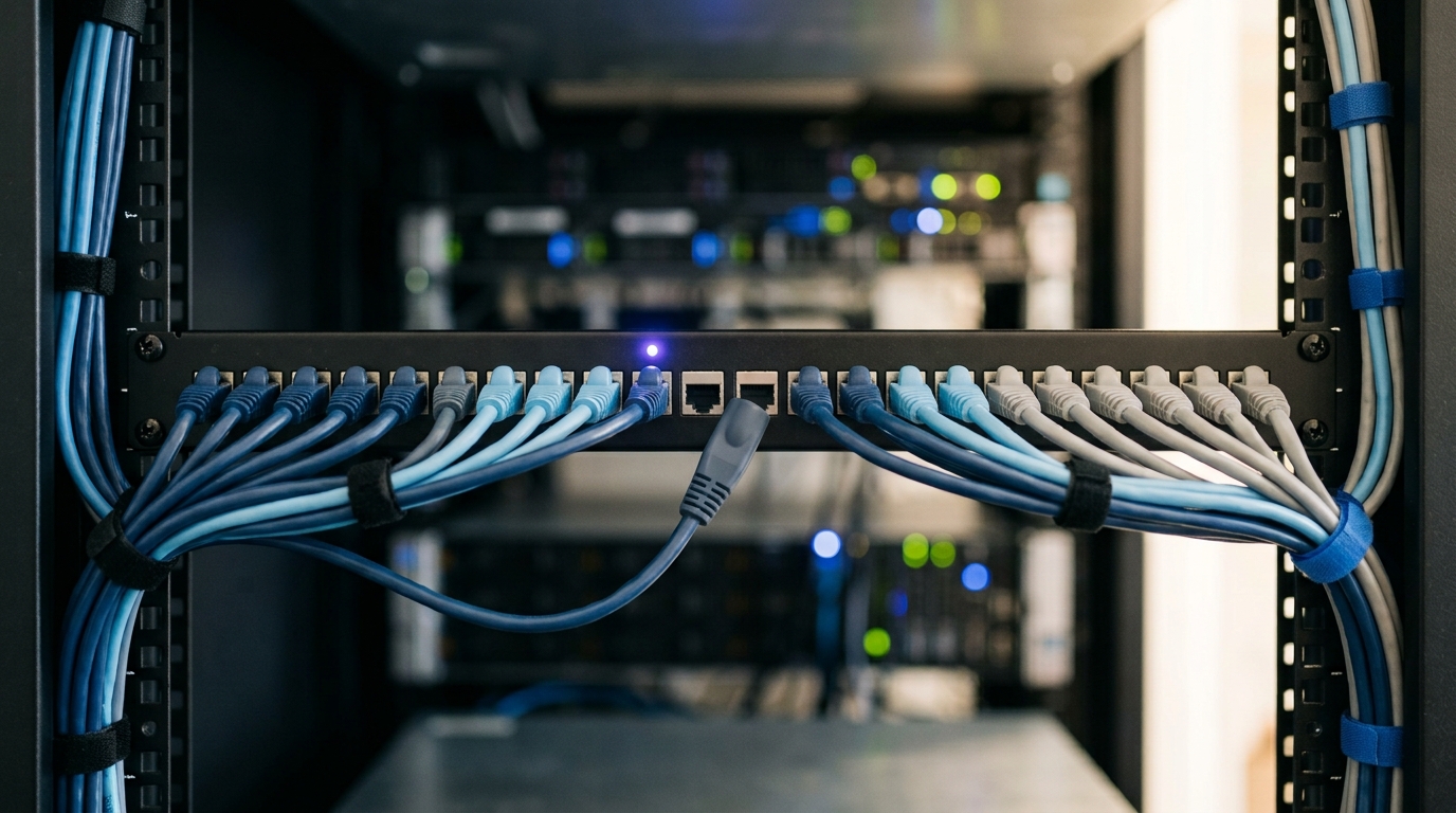 A network patch panel with rows of seated cables and one port left unseated, no one present