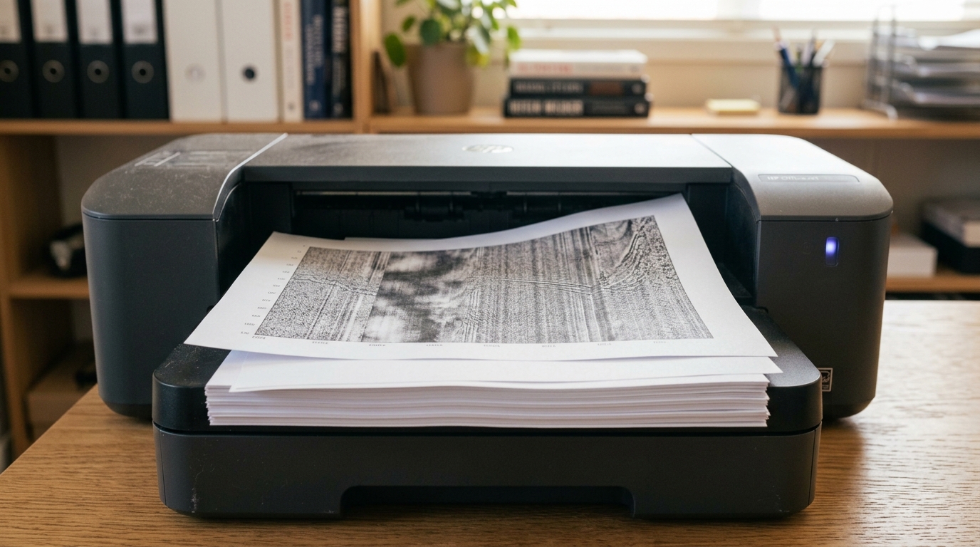 A printer's output tray holding a short stack of freshly printed distribution pages, no one present