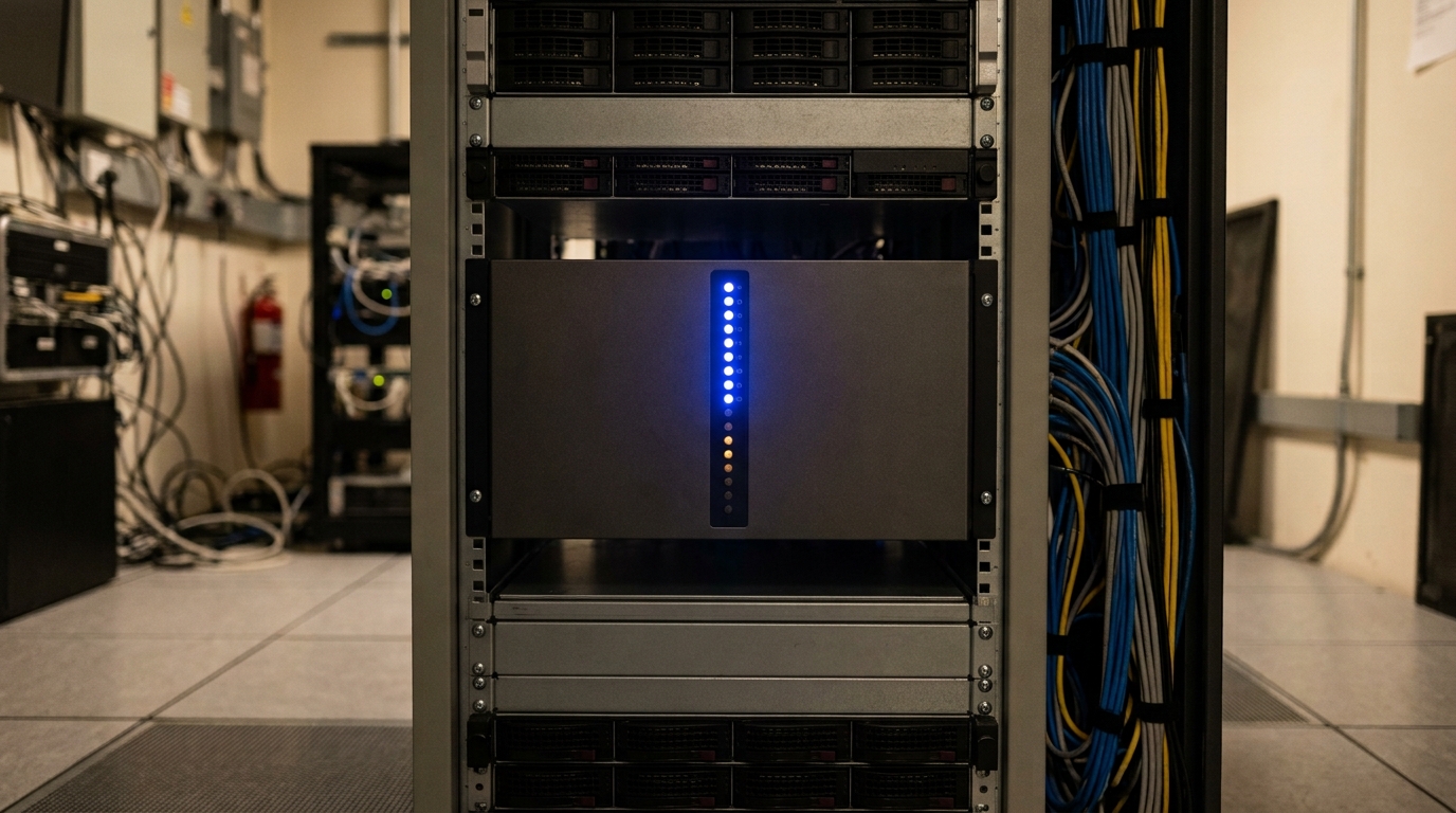 A server rack mid-boot with a column of status LEDs climbing, no one present