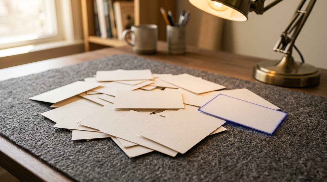 A stack of printed classification-label cards reordered on a felt mat, no one present
