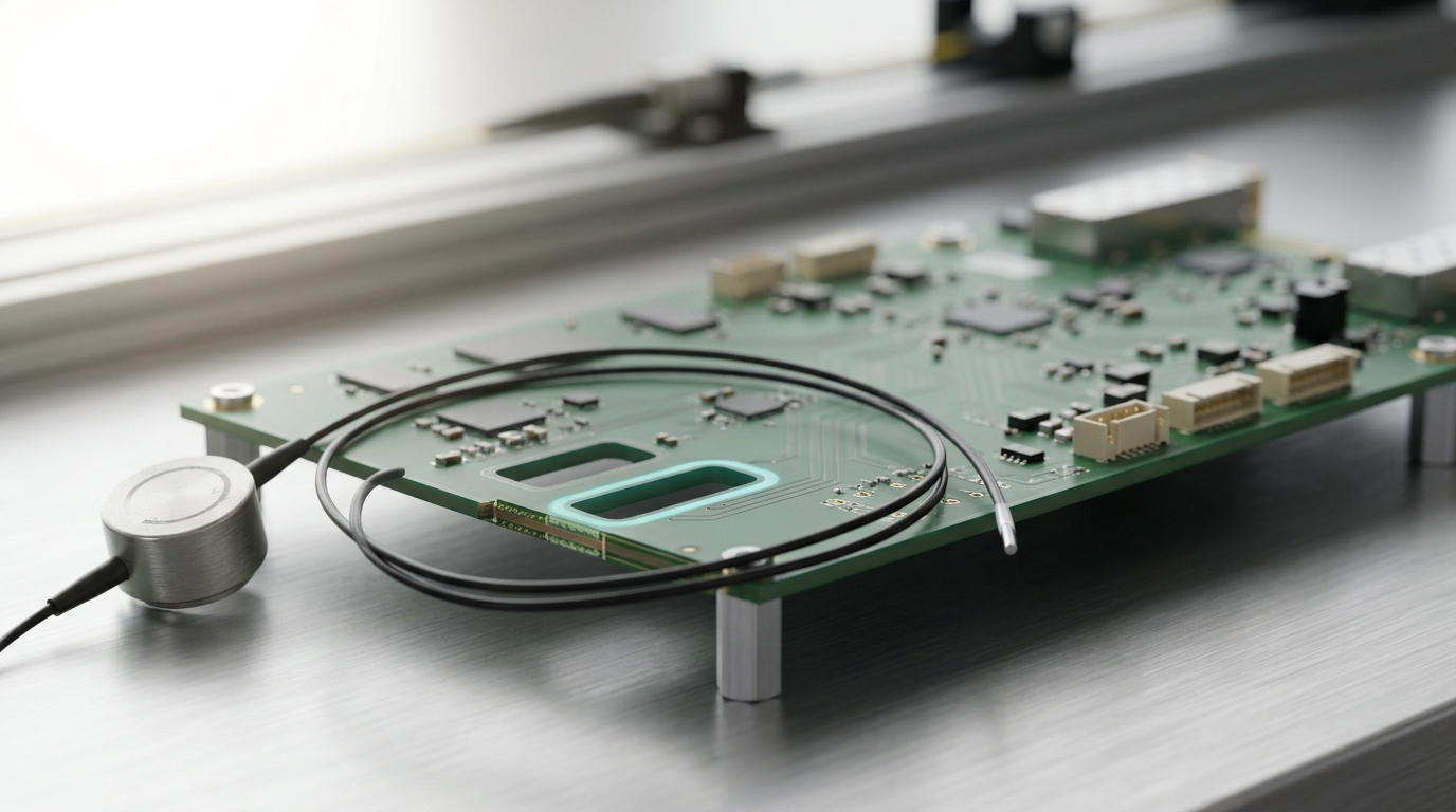 A small optical circulator component resting unmounted beside its empty slot on a coherent lidar transceiver board, a bare bypass jumper fiber routed around the empty slot instead