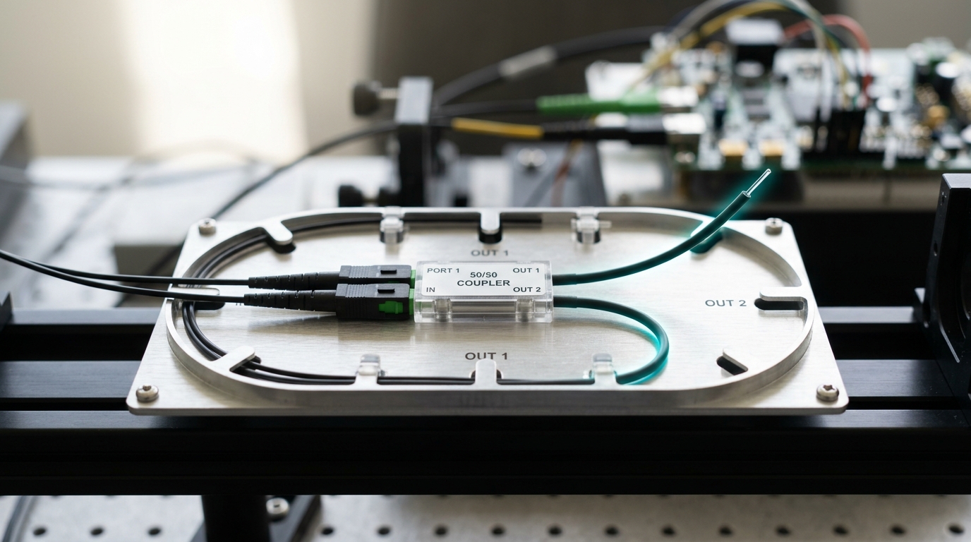 A fiber-optic 50/50 coupler on a lidar test bench, one fiber leg routing a tapped sample of the transmitted beam back toward a receiver, that leg's connector not yet fully seated in its splice tray