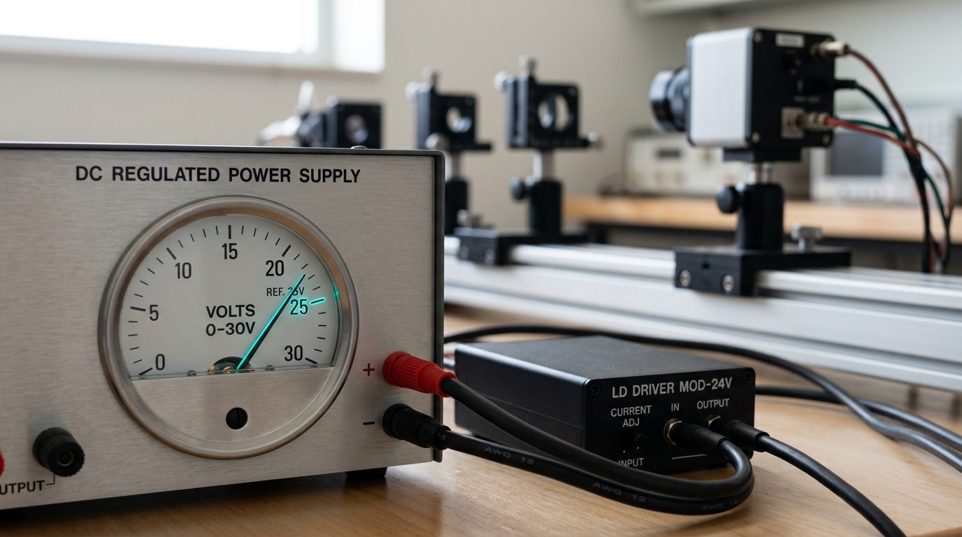 An analog benchtop power supply's needle gauge climbing toward but not yet reaching a marked line on its dial, wired to a laser driver module on a lidar test bench