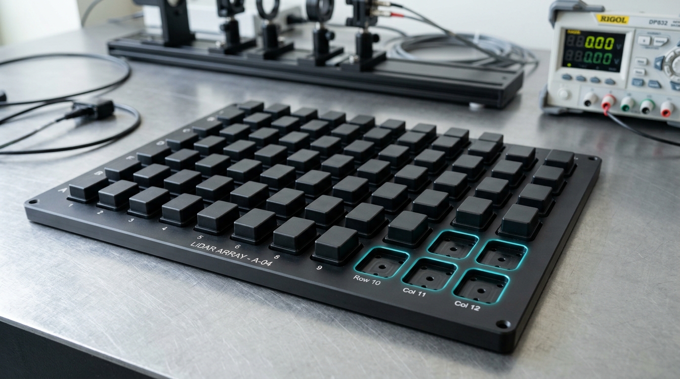 A fixture tray on a production-adjacent bench holding rows of small solid-state time-of-flight sensor housings, most slots filled and a few still empty