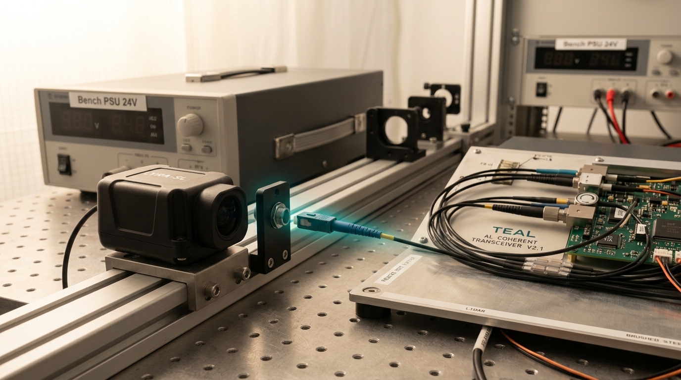 A palm-sized solid-state time-of-flight sensor housing sitting beside a much larger benchtop coherent lidar transceiver module with visible fiber components, on a shared lit optical test rail