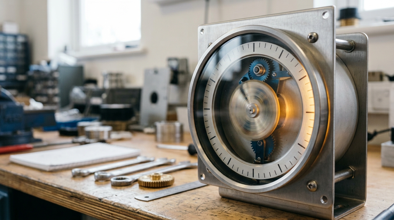A mechanical totalizer with two coupled counting wheels behind a glass face, the outer visible wheel caught mid-click advancing by a single position while the smaller inner wheel behind it is a blurred streak from turning many times faster