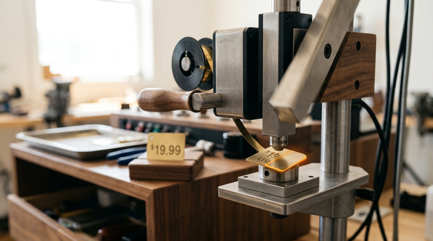 A rate-tag embossing press caught mid-strike over a small brass plate with its raised marks only half-formed, an earlier finished plate already fitted into a console visible behind it