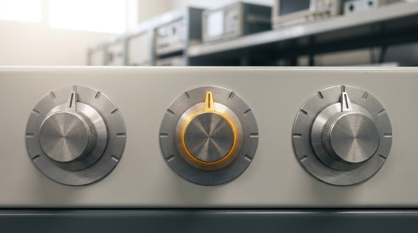 A bank of three stepped rotary attenuators mounted side by side, one selector knob caught mid-turn between two detents while the knob to its left sits fixed and the knob to its right already sits advanced