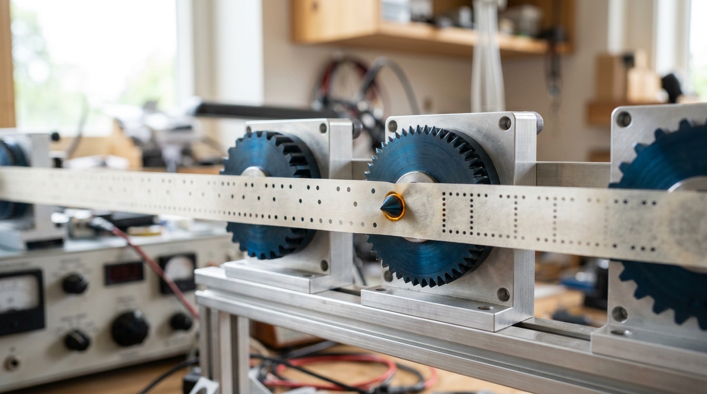A single paper ribbon threaded through three perforating wheelheads of different tooth pitch, the centre wheelhead's tooth caught mid-stroke while the ribbon trailing behind each head already shows a different spacing of finished perforations