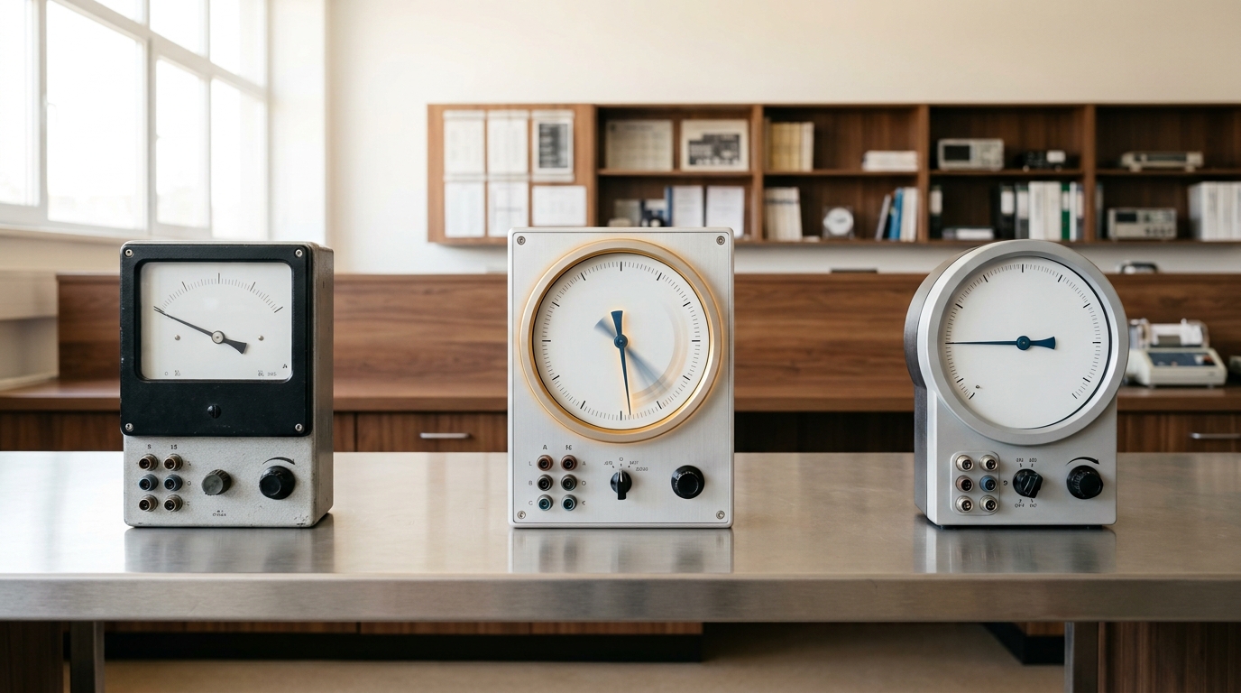 Three physically distinct metering consoles standing side by side on a long steel bench, the centre console's needle caught mid-swing settling onto a freshly verified reading