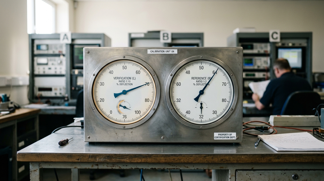 A paired witness-dial instrument with two dial faces, one small pointer caught mid-settle a hair short of one tenth of its primary needle's reading, the other already steady at exactly half its own primary needle