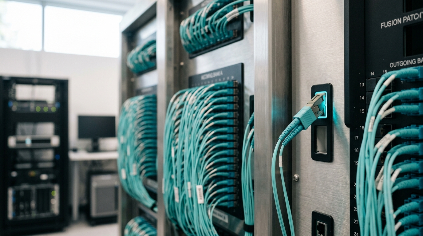 A minimal single-node RAG rig, one server chassis wired to one small drive enclosure by a single patch cable, its connector caught just short of seating in the only port on the rig