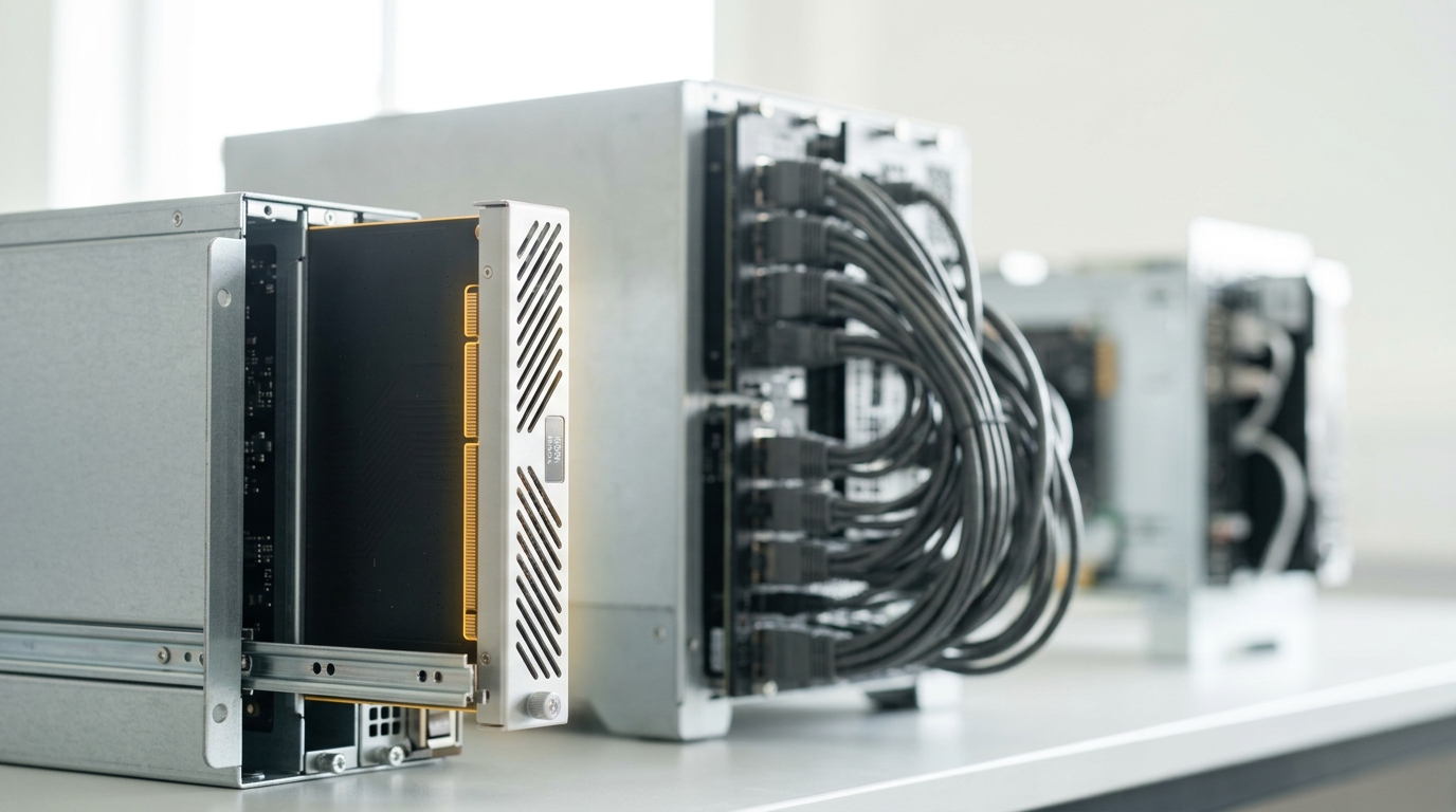 A graph-database rig with a denser loom of interconnect than its neighbours, a satellite compute blade drawn part-way out on its rails with its edge connector only half clear of the backplane