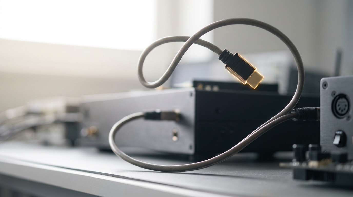 A cable leaving a rig's generation-side output and curving back around toward a port on its own retrieval-side input, its far end still held in the air short of the socket
