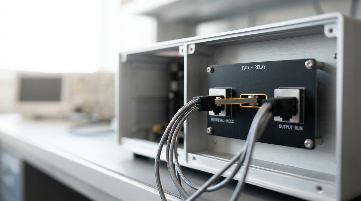 An agent-orchestration controller box with its front open on a patch relay panel, the switching arm caught mid-throw between two destination ports, one back to the retrieval index and one onward to the output