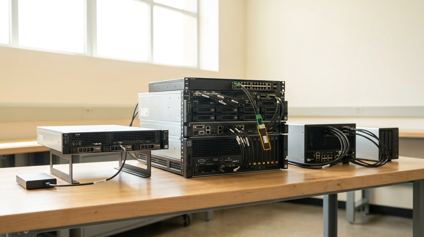 Three distinct RAG hardware rigs standing in a row on one long bench in a bright lab — a minimal single-node rig, a taller graph-database rig with denser interconnect, and a compact agent-controller rig with looping return cables