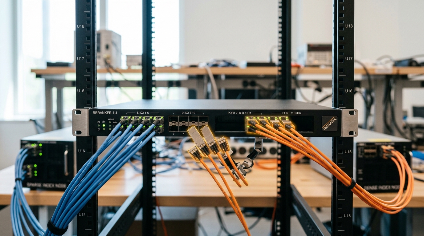 Two separate cable trunks, one from a sparse-index node and one from a dense-index node, converging on a single 1U reranking appliance, one trunk's connector caught mid-air just before its bay
