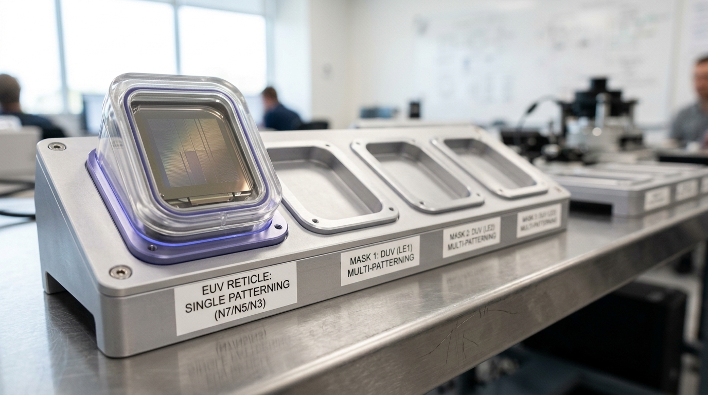 Close on a labeled tray holding a single EUV reticle in its quartz-windowed pod, beside a row of three empty labeled slots on the same tray where additional masks would sit for a multi-patterning route