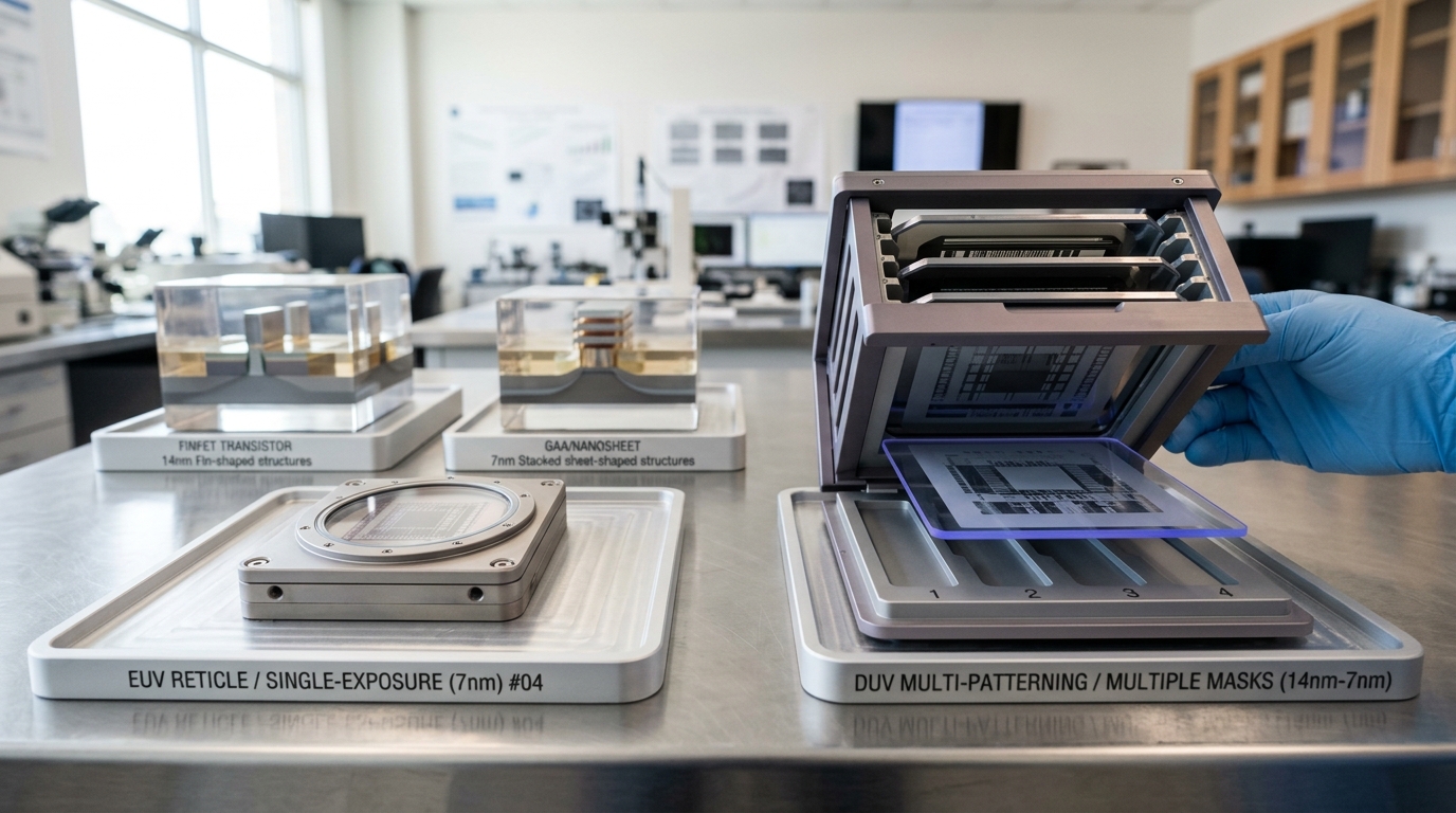 A comparison bench in a bright engineering review room: a single EUV reticle already staged in its quartz-windowed pod on a labeled tray, while beside it a DUV multi-patterning mask cassette is still being lowered onto its own tray with one blank not yet seated