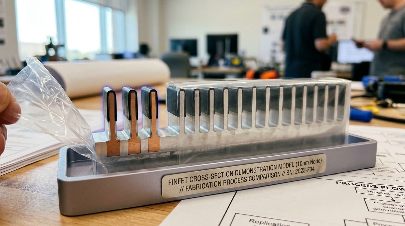 A machined FinFET cross-section demonstration model on a labeled tray, its clear protective sleeve peeled back from one end to expose a row of vertical fin-shaped ridges