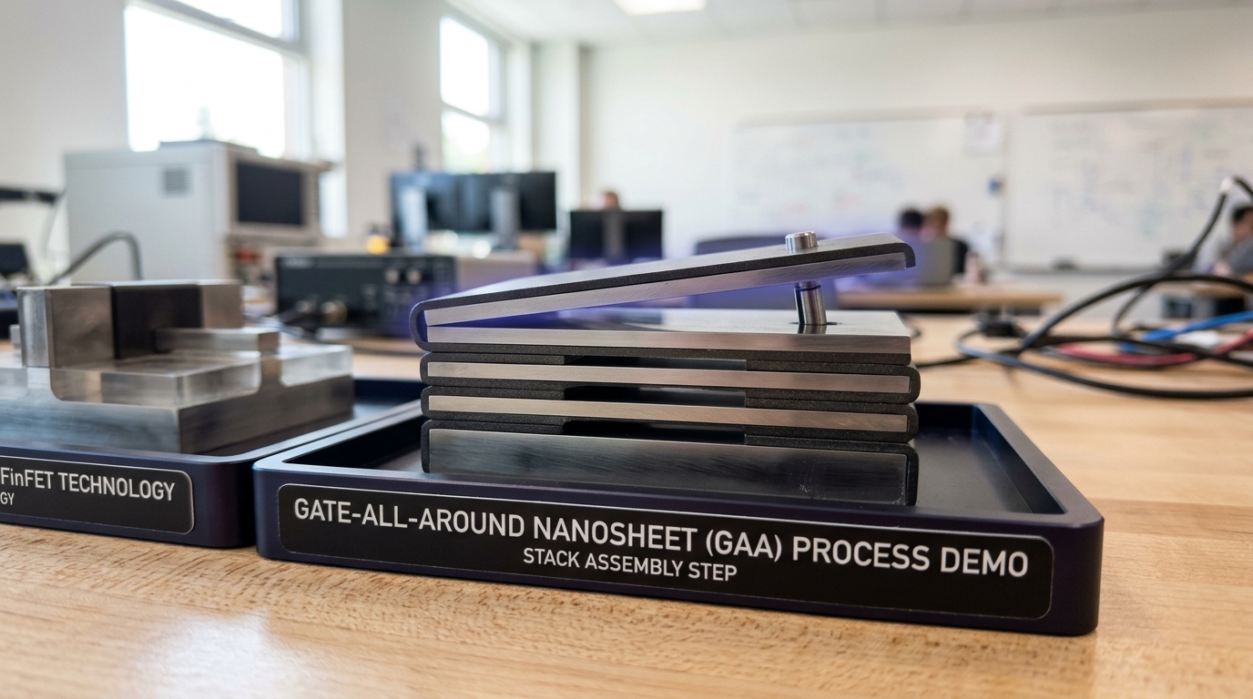 A machined gate-all-around nanosheet cross-section demonstration model on a labeled tray beside the FinFET model, its uppermost sheet layer sitting slightly askew, not yet aligned with the stack beneath it