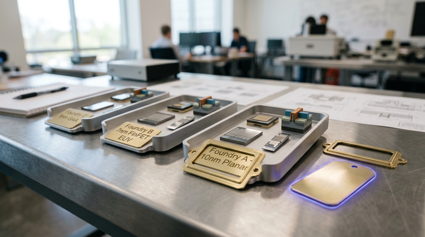 Three small labeled sample trays in a row, each holding a miniature wafer coupon paired with a different combination of mask stack and transistor cross-section coupon, the third tray's tag still blank