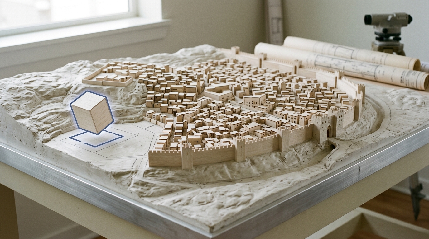 A large contoured plaster model of an early city on a low table, one new building block being lowered into an unfinished quarter while finished quarters sit painted pale around it.