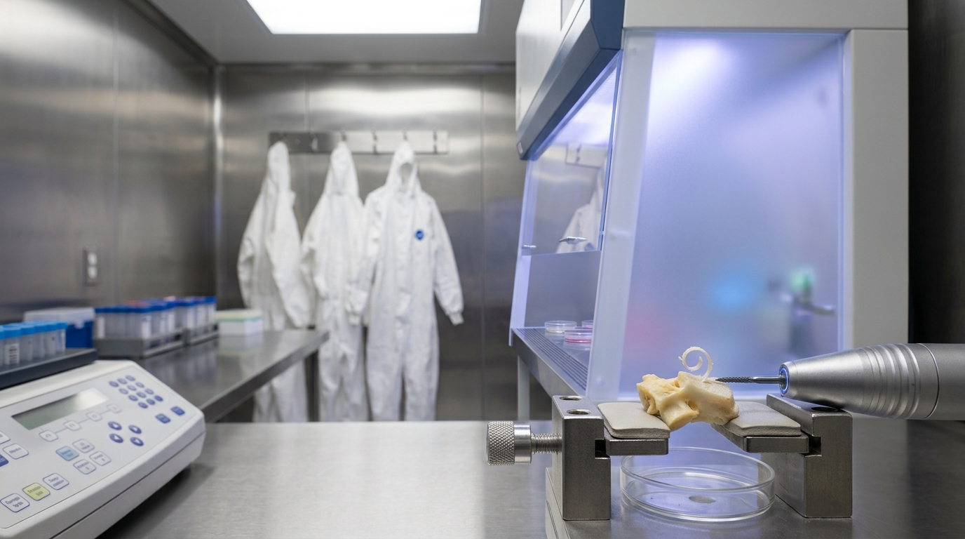 An ancient-DNA clean room with a positive-pressure hood, a bone-powder sampling drill paused mid-bore into a petrous bone fragment clamped in a jig.