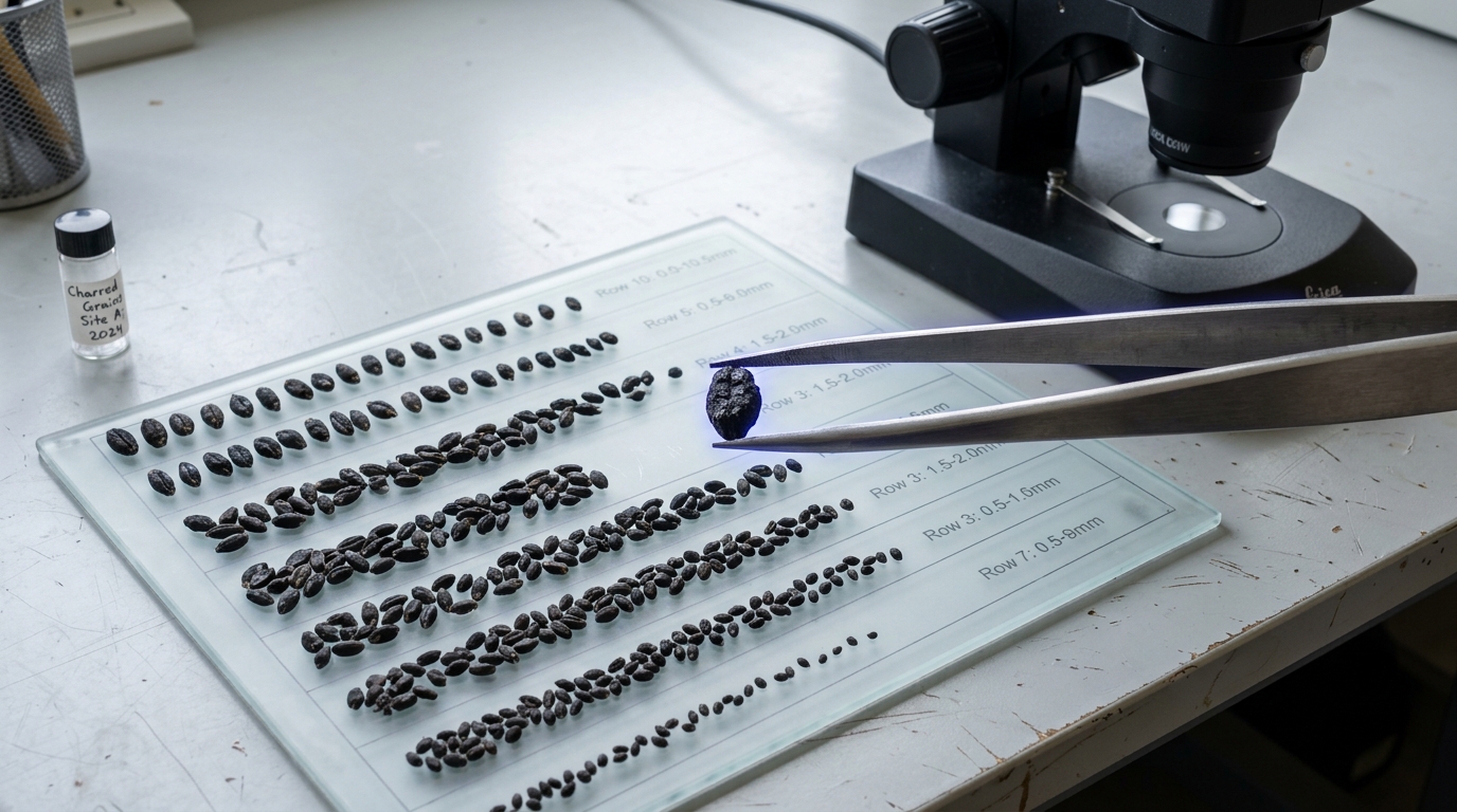A sorting tray of charred cereal grains under a stereo microscope, one grain still held by tweezers mid-placement beside dozens already arranged by size.