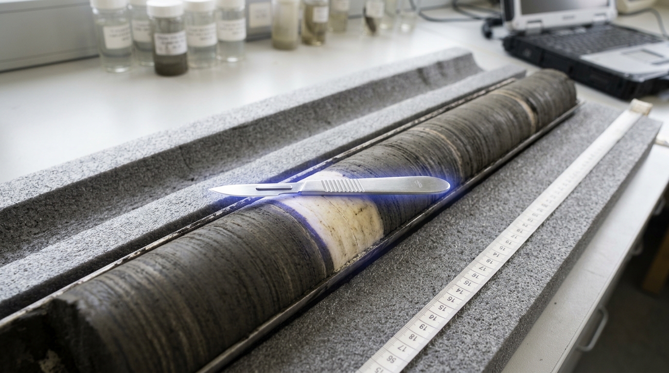 A long lake-sediment core laid open on a padded tray, a scalpel paused mid-cut across a pale drought-layer band partway down its length.