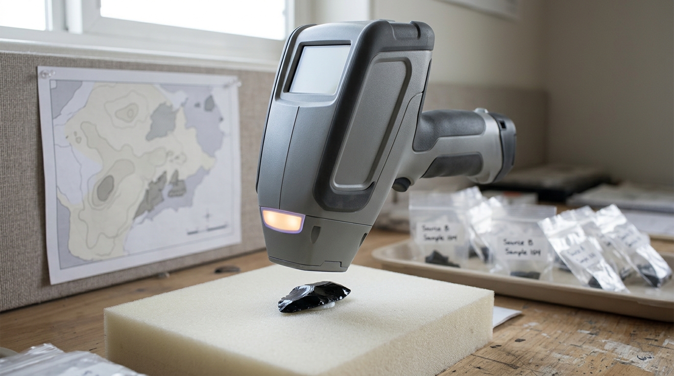 A handheld XRF spectrometer aimed at a small obsidian blade fragment on a foam mount, its readout light just switching on.