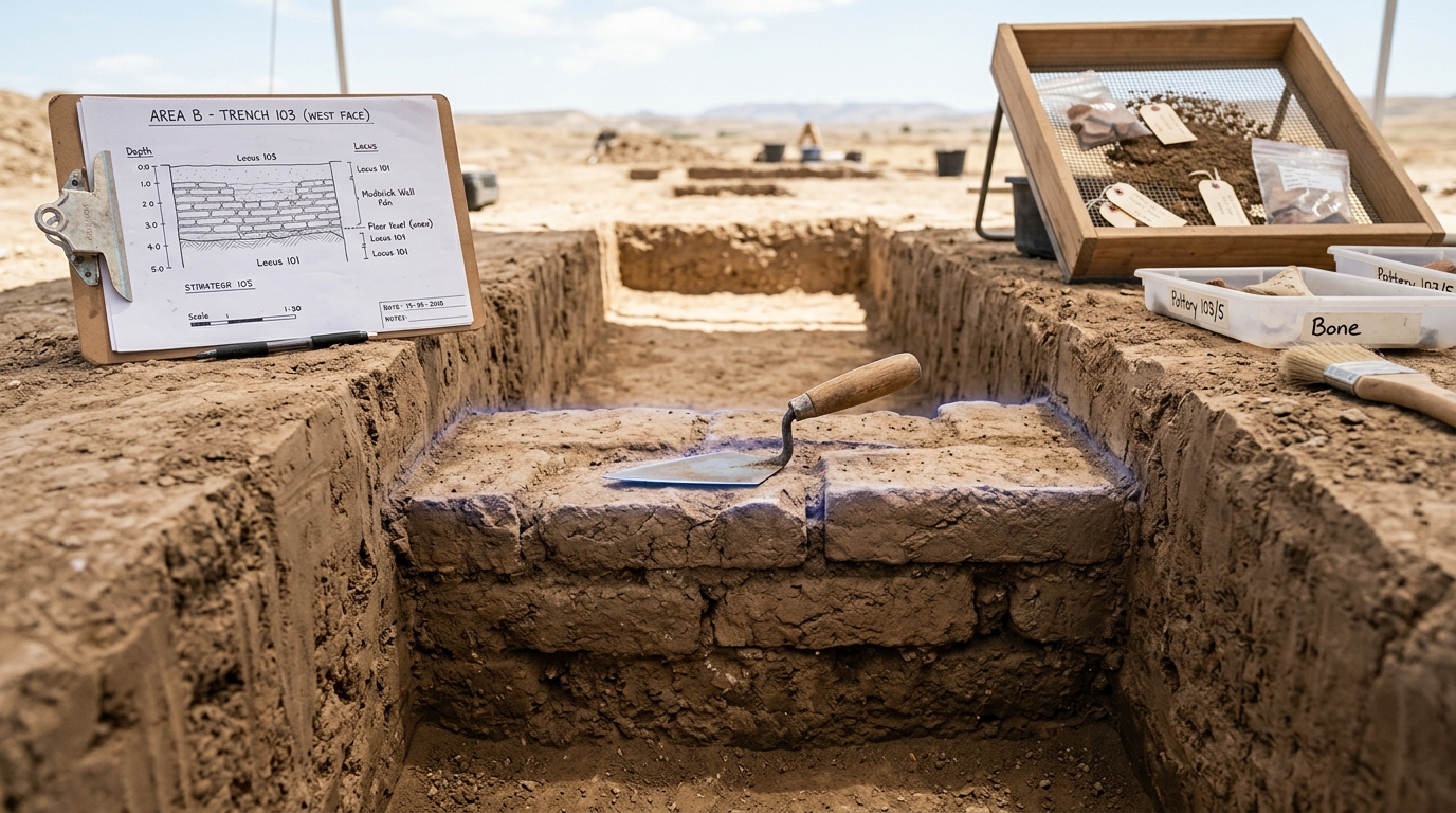 An open excavation trench at golden-hour daylight, one archaeologist's trowel paused mid-scrape at a mudbrick wall line while a section face across the trench is half-drawn on a clipboard.