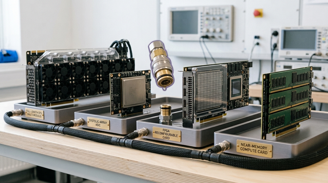 Four distinct accelerator form factors — a GPU board, a systolic ASIC module, an FPGA reconfigurable card, and a near-memory compute card — laid out on labeled trays on a bright bench, a shared coolant-and-power harness's single coupling caught mid-transfer between two of the trays