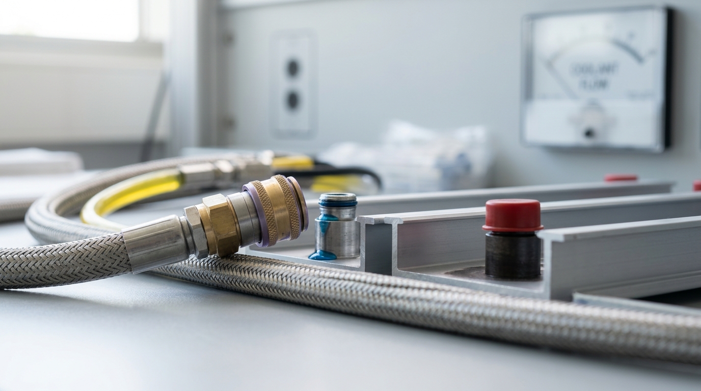 The shared coolant-and-power harness's single quick-connect coupling seen close, caught mid-transfer between two tray stubs with its collar only half-retracted