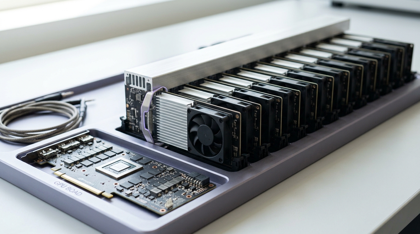 A full-length GPU board tray with a dozen identical fan-shrouded compute modules under a shared cooling manifold, one module's retention latch still open and its heatsink not yet drawn fully flush