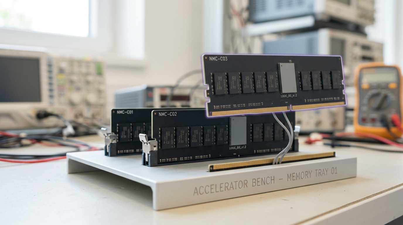 A near-memory compute card of three stacked DIMM-like modules with logic dies set directly beside each memory array, the nearest module caught being lowered onto its tray with its edge connector not yet seated