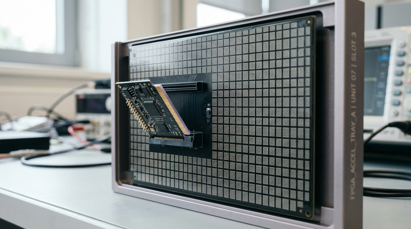 An FPGA reconfigurable card tray showing a fine grid of identical fabric tiles behind a socketed daughter-module caught half-inserted, its edge connector only partly seated