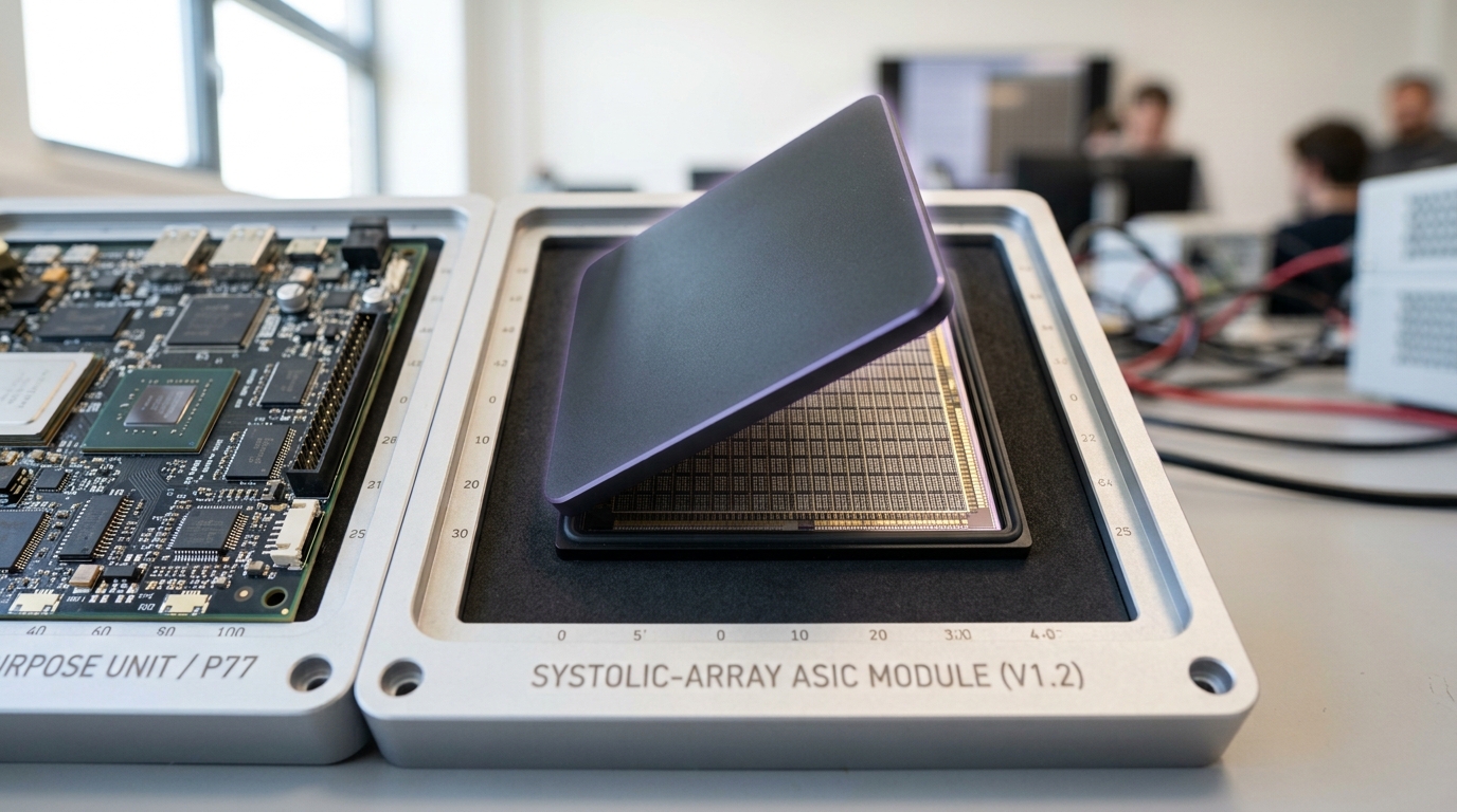 A squared-off systolic-array ASIC module tray with its lid caught mid-lift, exposing the ultra-regular grid pattern of the die beneath against the tray's plain lining