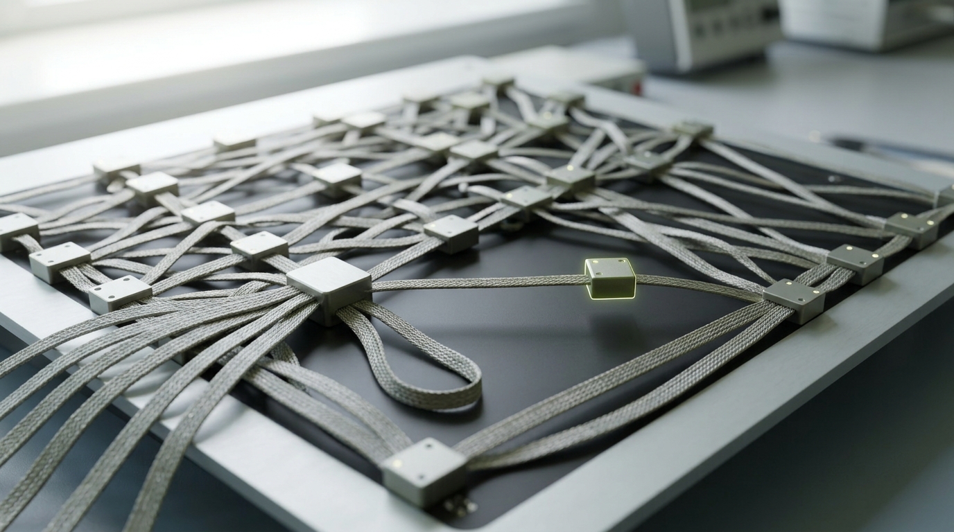 A flat mesh patch-field of small node blocks cross-wired with many leads, one lit carrier caught mid-transit along a single edge between two nodes