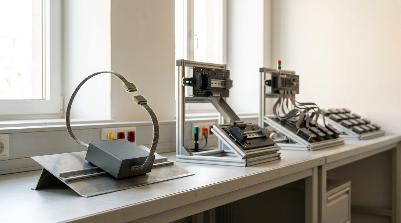 A single closed-loop control cell on a lab bench with one sensor lead caught reaching back into its own controller, three more distinct build stations receding along the bench beyond it