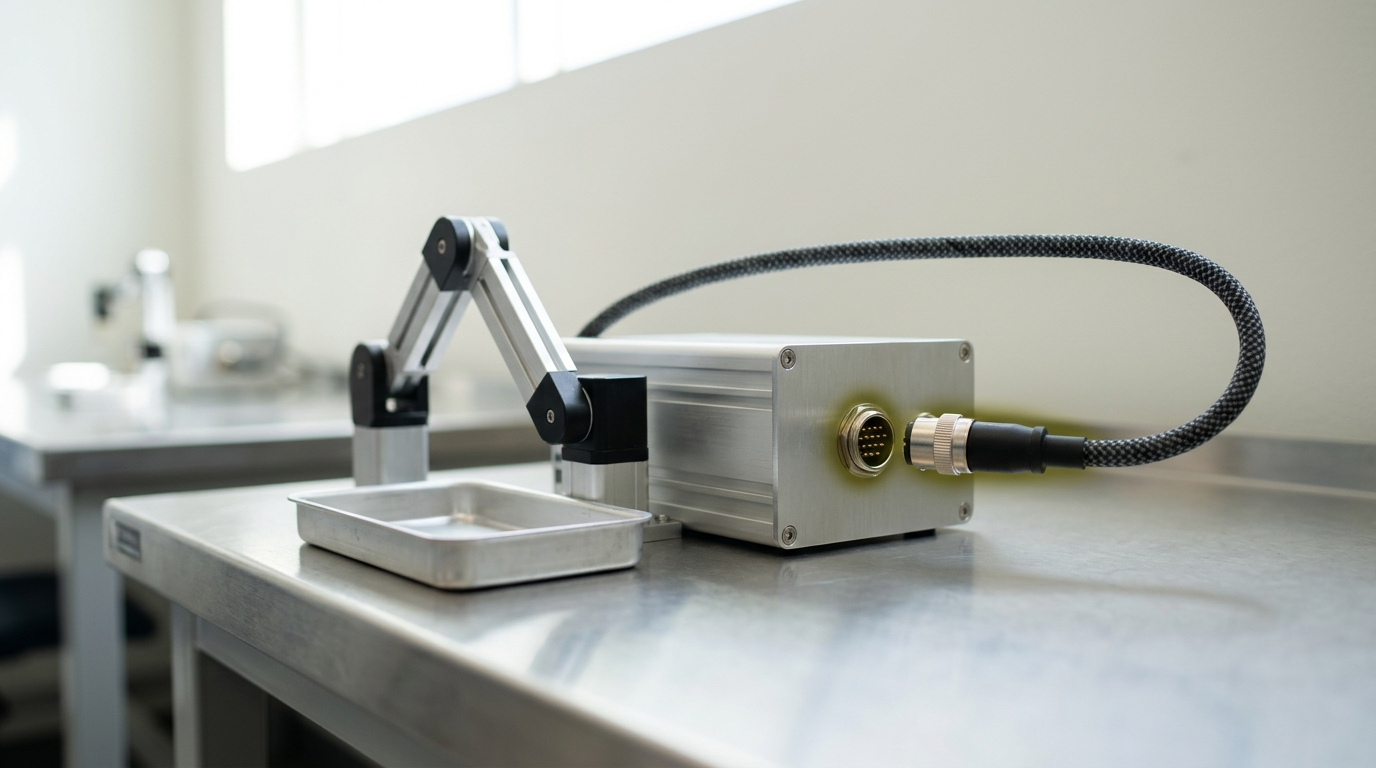 A close view of the single-loop control cell, its one sensor lead caught a hairsbreadth from seating in the controller's own return jack