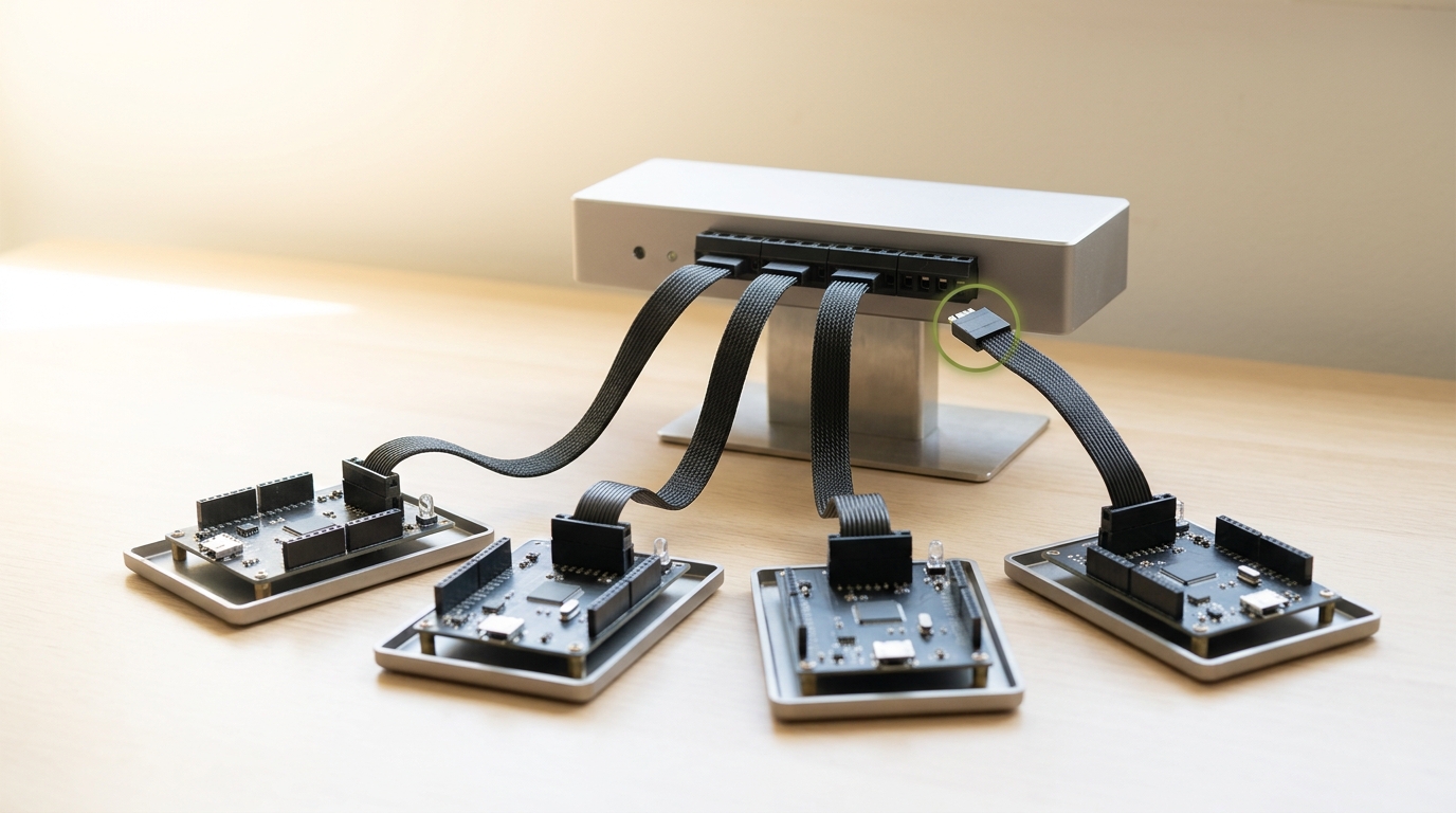 A raised supervisor hub with several smaller worker modules fanned out below it, one worker's return lead caught mid-connection into the hub's input block