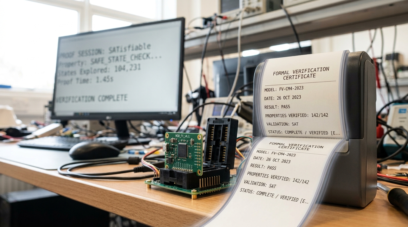 A formal-verification workstation feeding a small labelled circuit model into a proof engine, a narrow paper certificate emerging part-way from a printer beside it with its final line not yet resolved