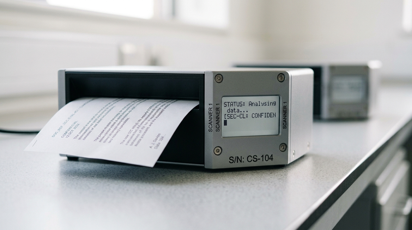 A close view of the classifier appliance's narrow intake slot with a printed sheet caught mid-pass, a small status window beside it holding an unfinished line of assessment text