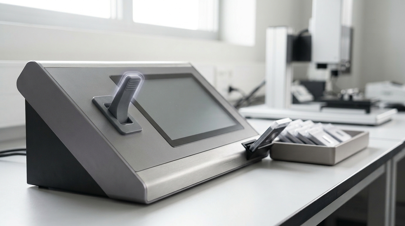 A human review console with a physical hold-release paddle switch caught mid-throw beside a queue tray of items waiting, one item drawn half clear of the tray toward a reader