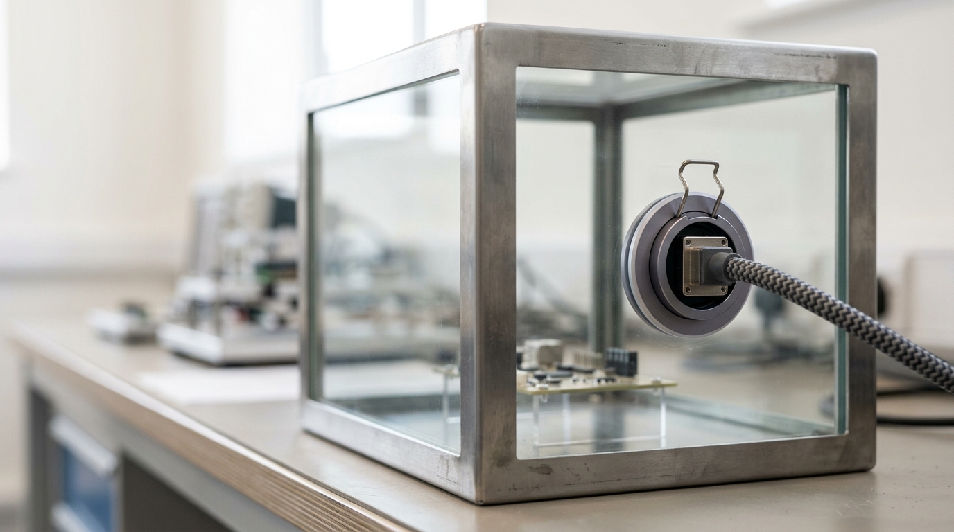 A glass-walled isolation test cell on a bright lab bench with a single narrow conduit through one panel, a braided lead caught half-seated in the conduit's collar