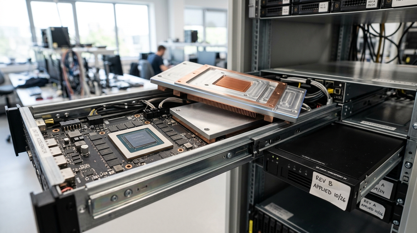 A GPU training rack with its cold plate lifted clear of one accelerator board mid-refit, exposing the bare package, beside a checkpoint drive caddy labelled with two successive revision tags