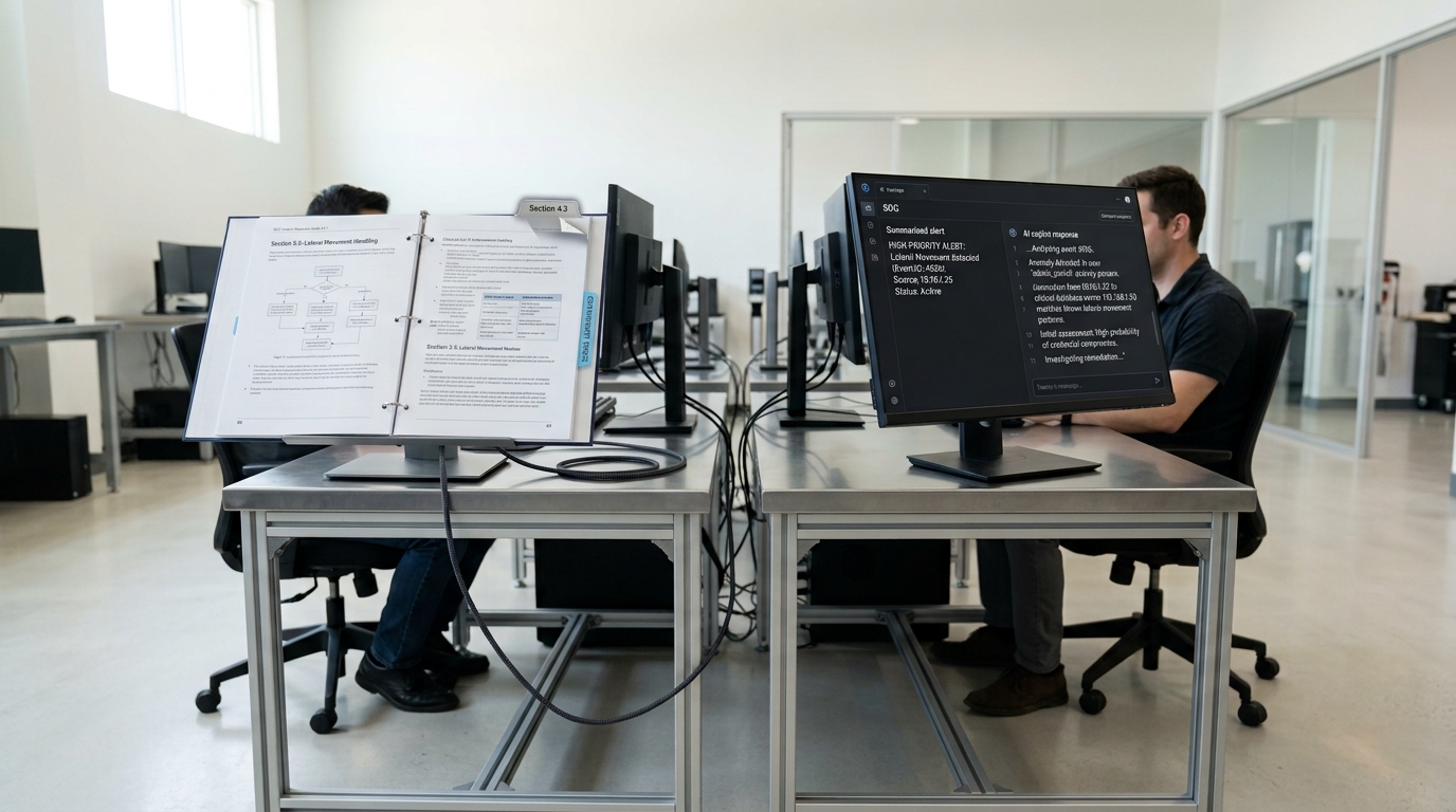 Two security-operations desks standing back to back on a bright lab floor, one holding a workstation with an AI copilot panel mid-query and the other holding a console wired to a printed rule playbook open on a stand