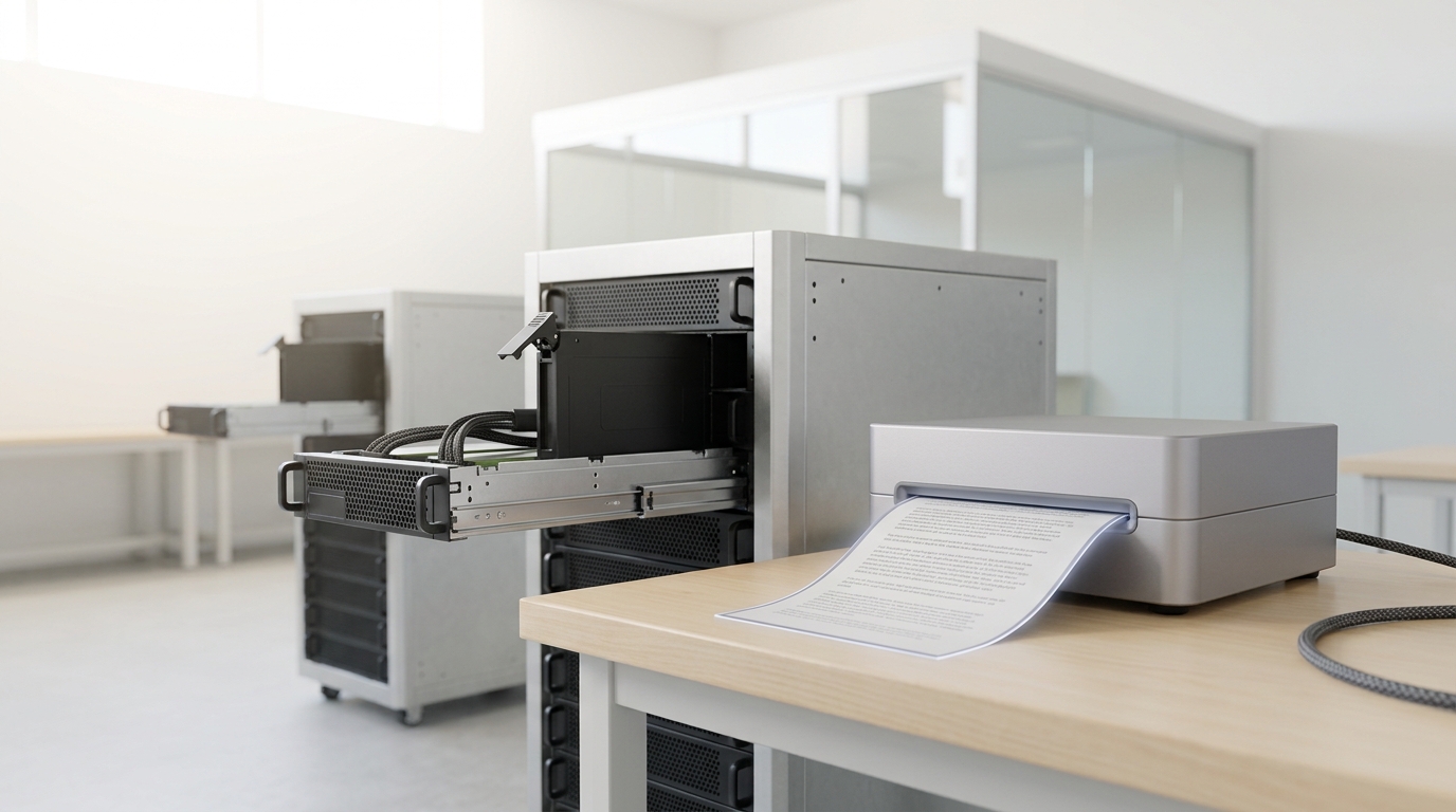 A small inline classifier appliance gates a printed sheet half-fed through its narrow slot on a bright lab bench, while a GPU training rack stands behind it with one accelerator tray drawn part-way out and a checkpoint drive caddy half-seated in its bay